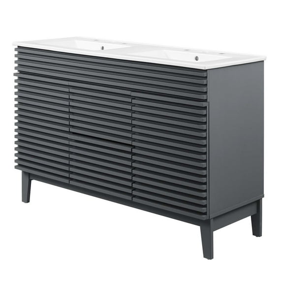 Double Sink Vanity Cabinet, Gray White, Wood, Mid Century Hotel Bedroom Bathroom, Modern Contemporary HB33392