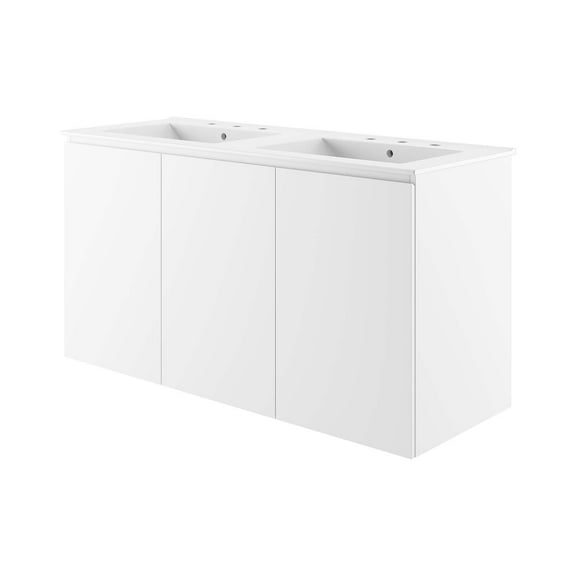 Double Sink Vanity Cabinet, Wall Mount, White, Ceramic, Melamine, Modern Contemporary, Hotel Bedroom Bathroom Master Suite Guest