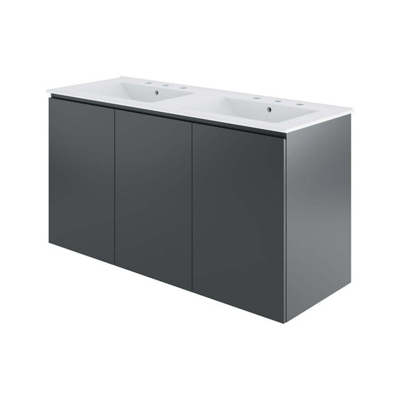 Double Sink Vanity Cabinet, Wall Mount, White Grey Gray, Ceramic, Melamine, Modern Contemporary, Hotel Bedroom Bathroom Master Suite Guest