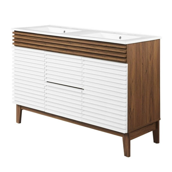Double Sink Vanity Cabinet, White Walnut, Wood, Mid Century Hotel Bedroom Bathroom, Modern Contemporary HB33394