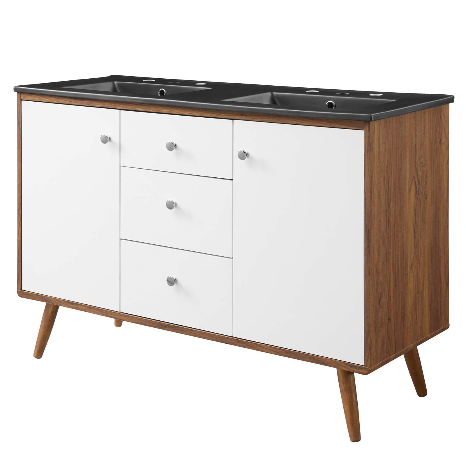 Double Sink Vanity Cabinet, Wood, Brown Walnut Black, Modern Contemporary Urban Design, Hotel Bedroom Bathroom Master Suite Guest