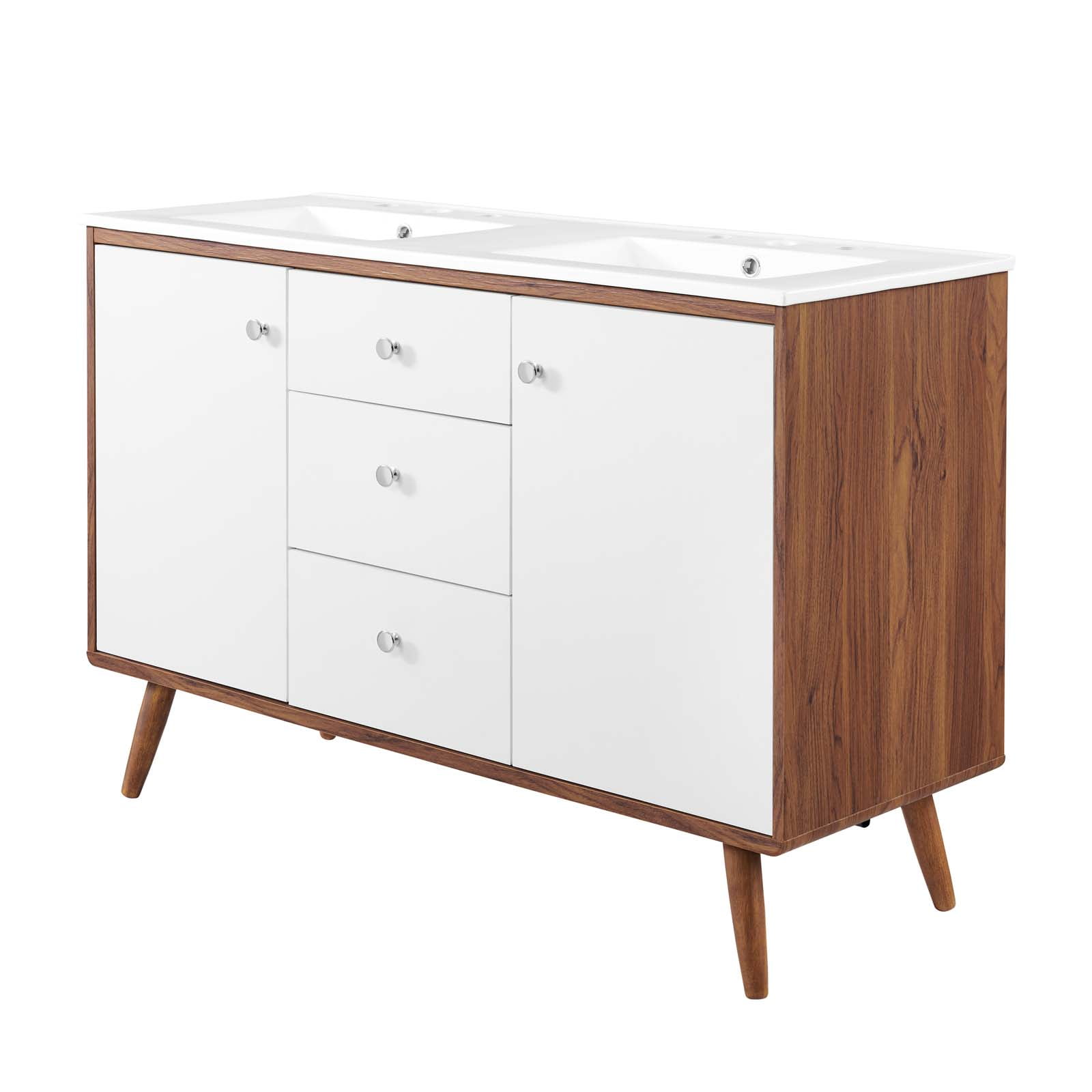 Mid-Century Walnut & White 48" Double Sink Freestanding Vanity
