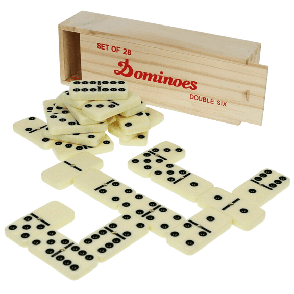 Double Six Dominoes, 28-Piece Set with Wooden Box and Brass Spinner by Dependable Industries Inc. Essentials