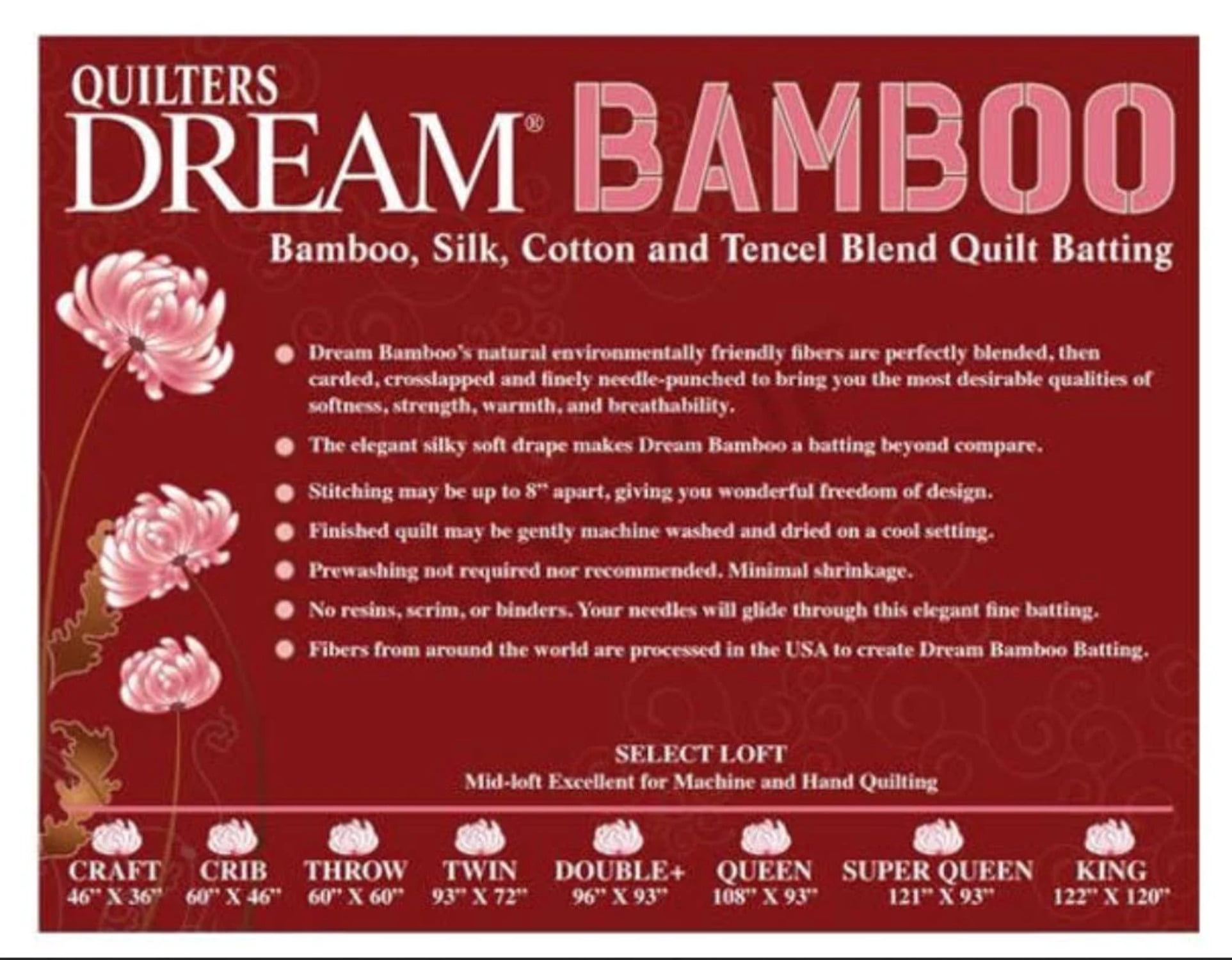 Double Size 96 x 93 Bamboo Quilters Dream Midloft Batting