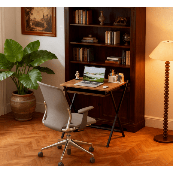 Double Size Home Office Desks, Folding Computer Desk, with Monitor Shelf for Small Space, Home Office, Study, Walnut, Black,Walnut Office Desks,Mdf,Steel Computer Desks