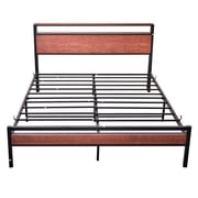 Double Size Metal Bed Frame 140 x 208cm with Red Brown Wooden Headboard Shelves/Steel Slat Support/Storage Space Underbed No Box Spring Needed Noise Free Easy Assembly