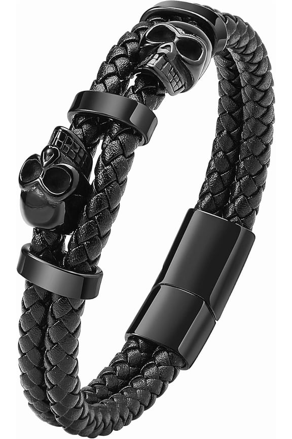 Double Skull Bracelets for Men, 316L Stainless Steel Cuff Punk Bracelets, Skeleton Row Genuine Leather Bracelet Gothic Jewelry