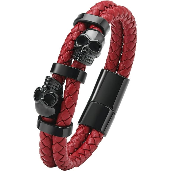 Double Skull Bracelets for Men, 316L Stainless Steel Cuff Punk Bracelets, Skeleton Row Genuine Leather Bracelet Gothic Jewelry