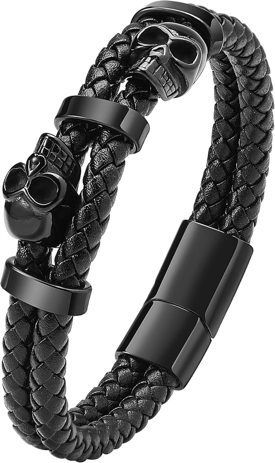 Double Skull Bracelets for Men 316L Stainless Steel Cuff Punk Bracelets Skeleton Row Genuine Leather Bracelet Gothic Jewelry Walmart