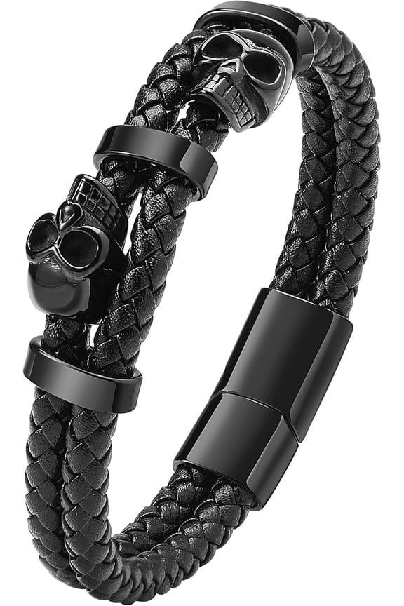 Double Skull Bracelets for Men, 316L Stainless Steel Cuff Punk Bracelets, Skeleton Row Genuine Leather Bracelet Gothic Jewelry