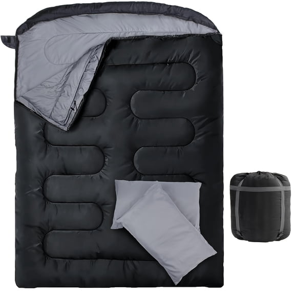 Double Sleeping Bag, 2 Person Sleeping Bag for Adult Mens Camping, Two Person Sleeping Bag with Pillow Outdoor Indoor, XL Queen Size Sleeping Bag for Cold Warm Weather