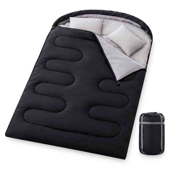Double Sleeping Bag, 3-in-1 Queen Size for Adults with 2 Pillows, Black, 100% Polyester Microfiber, 3-Season Camping Gear