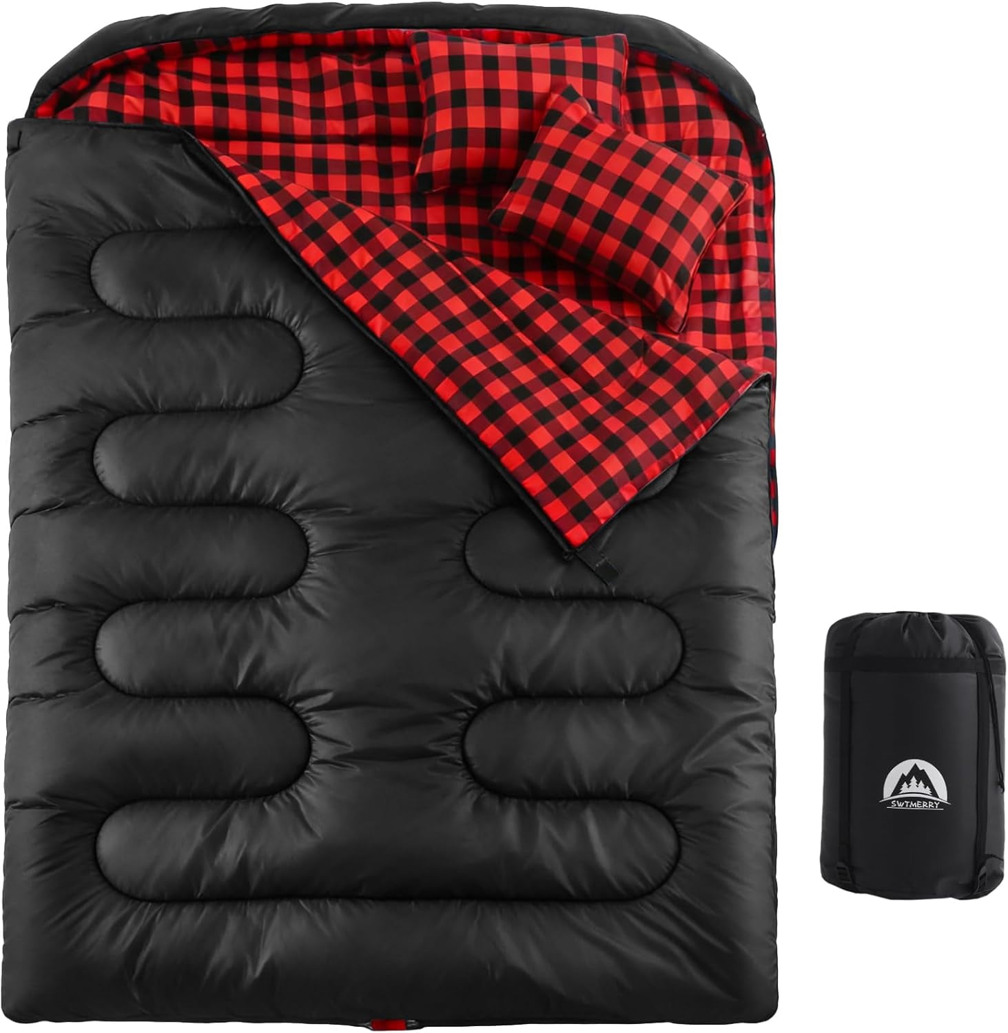 Double Sleeping Bag for Adults with 2 Pillows, Big & Tall Queen Size XL Person, Waterproof Lightweight Warm 3 Seasons, Cold Weather,Camping, Hiking Backpacking