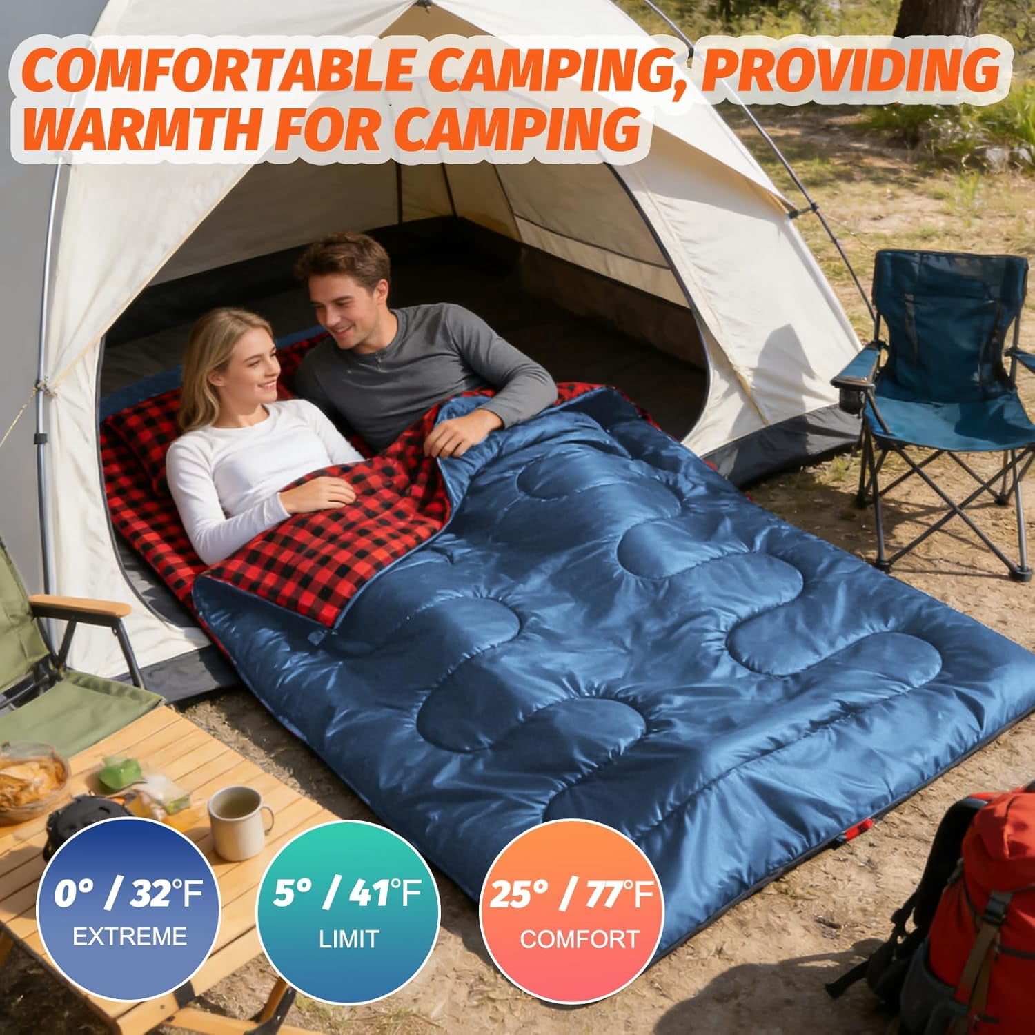 Double Sleeping Bag for Adults with 2 Pillows, Big & Tall Queen Size XL Sleeping Bag for 2 Person, Waterproof & Lightweight Warm for 3 Seasons, Cold Weather,Camping, Hiking & Backpacking