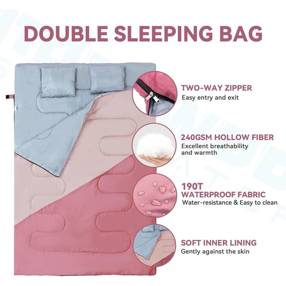 Double Sleeping Bag for Adults Kids - Lightweight 2 Person Sleeping Bag with Pillow, Queen Size Waterproof Camping Sack Two Person for Girls, Boys, Youths, Teens, Compact for Cold Weather & Warm