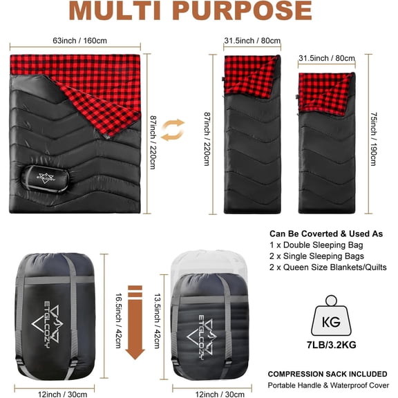 Double Sleeping Bag for Adults Kids,  Queen Size 2 Person All Season for Warm & Cold Weather, Lightweight Compact with Compression Sack Camping Essentials for Backpacking Hiking