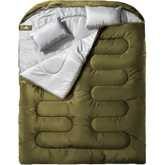 Double Sleeping Bag for Adults with Pillow XL Queen Size Two Person All Season Camping Hiking Backpacking Cold and Warm Weather Color Army Green Size Double