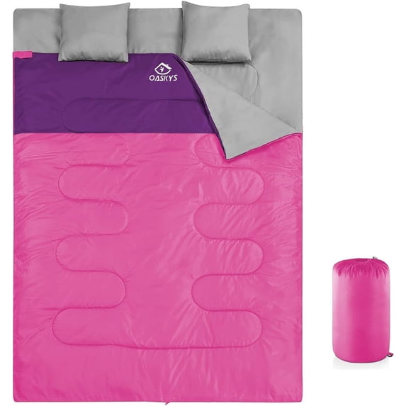 Double Sleeping Bag for Adults – Queen Size XL Waterproof All-Season 2-Person Rectangular Sleeping Bag with Dual-Zip Separation, Pink, 59 in x 86.6 in