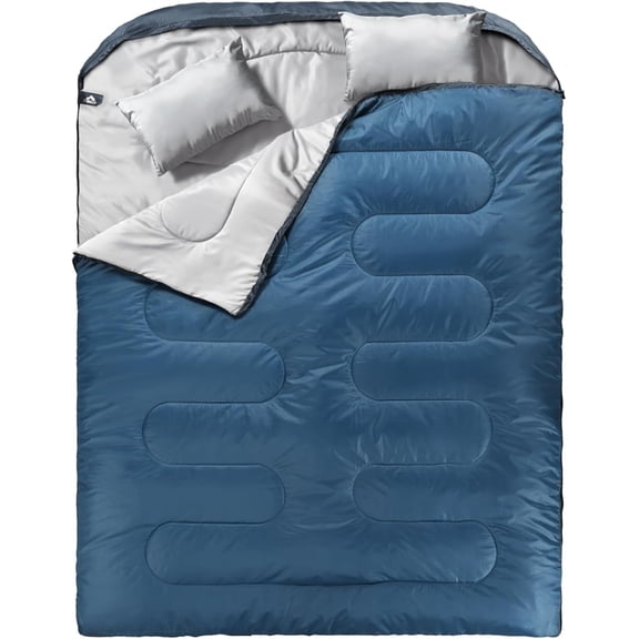 Double Sleeping Bag for Adults, XL Queen Size, Blue and Gray, All-Season Rectangular Design with Full-Length Zipper, 28  F59  F, Includes Compression Sack and Pillows