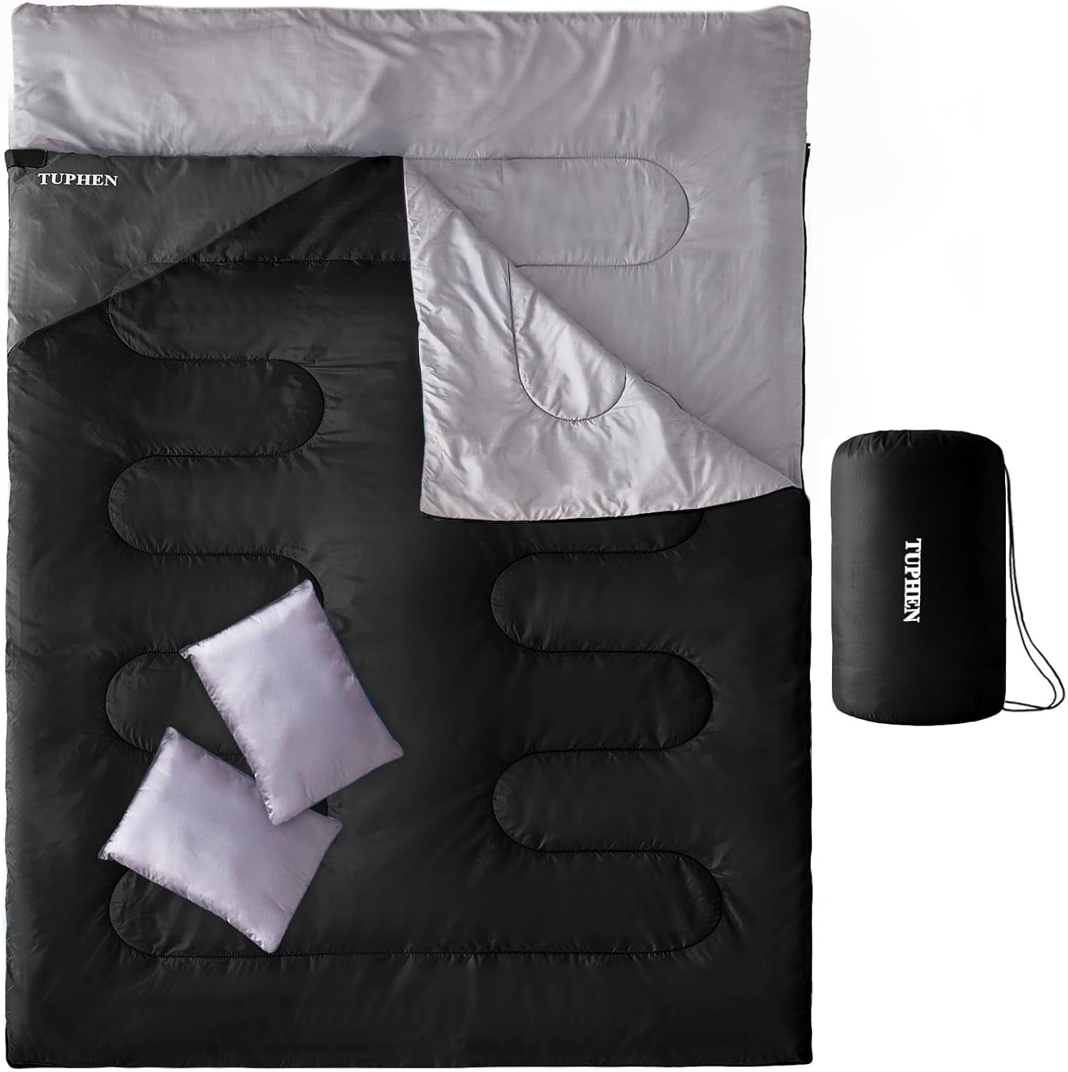 Double Sleeping Bag, Bag with 2 Pillows, Queen Size XL for People, Cold Warm Weather- 3 Seasons, Waterproof Adults Camping, Backpacking or Hiking