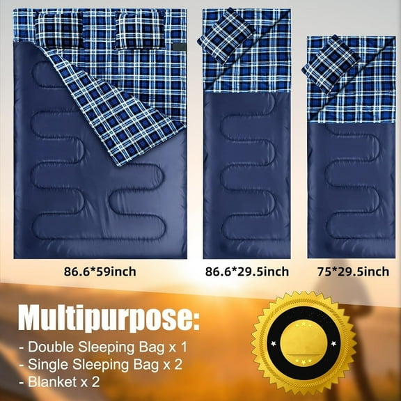 Double Sleeping Bag Flannel for Adults Kids, Queen Size Waterproof Lightweight with Compression Sack for Camping Hiking