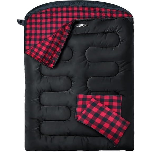 Double Sleeping Bag Flannel for Adults XXL Queen Size Two Person Cold Weather Sleeping Bag with 2 Pillows