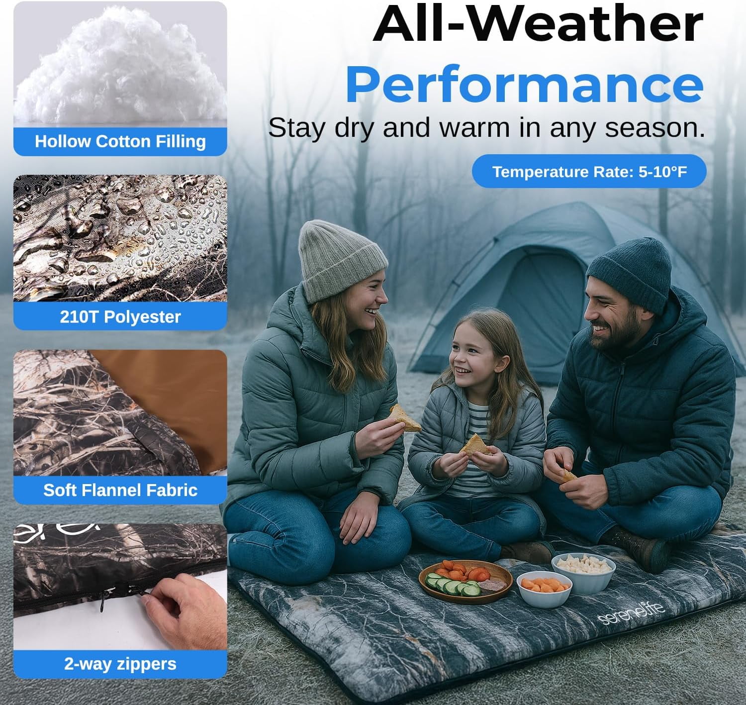 Double Sleeping Bag with Pillows, Waterproof & Detachable for 2 Single Bags, Lightweight & Warm, Perfect for Camping, Hiking, Backpacking, and Cold Weather, Suitable for Temperatures 5-10 ° F