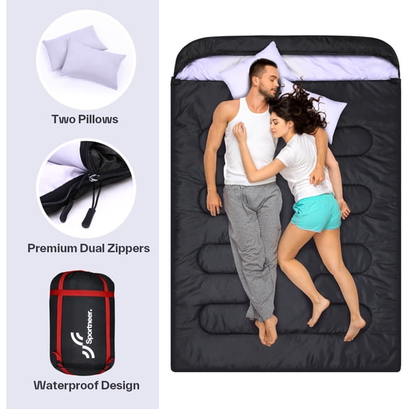 Double Sleeping Bag: Queen Size 2 Person All Season for Warm & Cold Weather Camping Sleeping Bag with 2 Pillows, Waterproof Lightweight Large Size 86.6'' x 59''