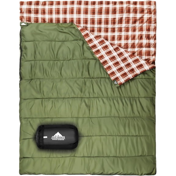 Double Sleeping Bag Queen Size 2 Person Waterproof Cotton Flannel Lined Lightweight with Compression Sack Color Army Green Brown