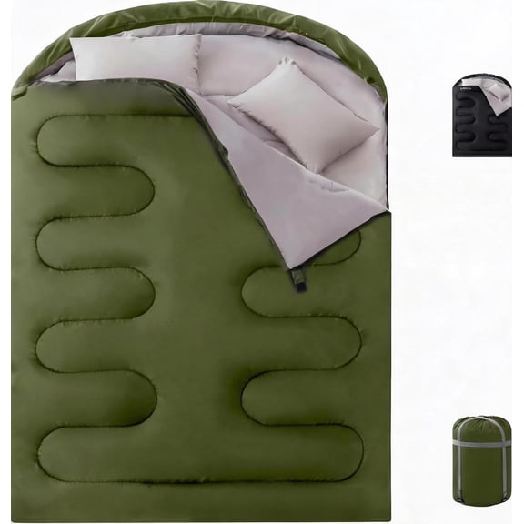 Double Sleeping Bag Queen Size 92"x63" Hooded for Two Adults Converts to Two Singles 40 F65 F Amy Green L Zip