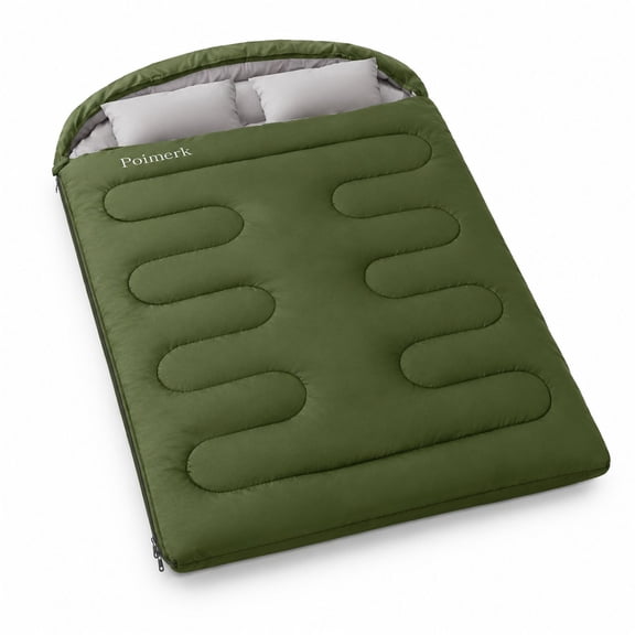 Double Sleeping Bag for Adults, 2-in-1 Queen Size with 2 Pillows, Green, 100% Polyester Microfiber, 3-Season Camping Gear