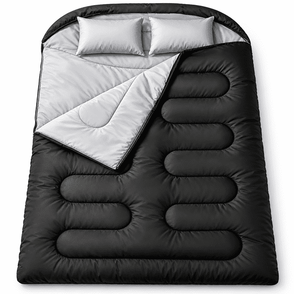 Double Sleeping Bag for Adults Mens with Pillow, XL Queen Size Two Person Sleeping Bag for Cold Weather, Camping, Hiking, Backpacking