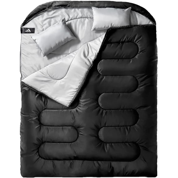 Double Sleeping Bag for Adults, XL Queen Size, Rectangular All-Season Design with Full-Length Wraparound Zipper, 28–59 ° F Rating, Black