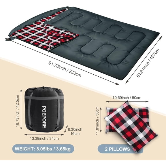 Double Sleeping Bag with 2 Pillows for 2 People - XXL Size, Cold Weather, Flannel Lining