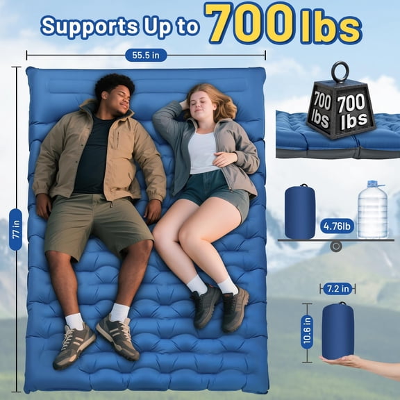 Double Sleeping Pad, 6" Extra Thick Portable Camping Sleeping Pad with Pillows & Built-in Foot Pump, Ultralight Camping Mat for Backpacking, Hiking, Traveling, Tent, Car Camp Gear