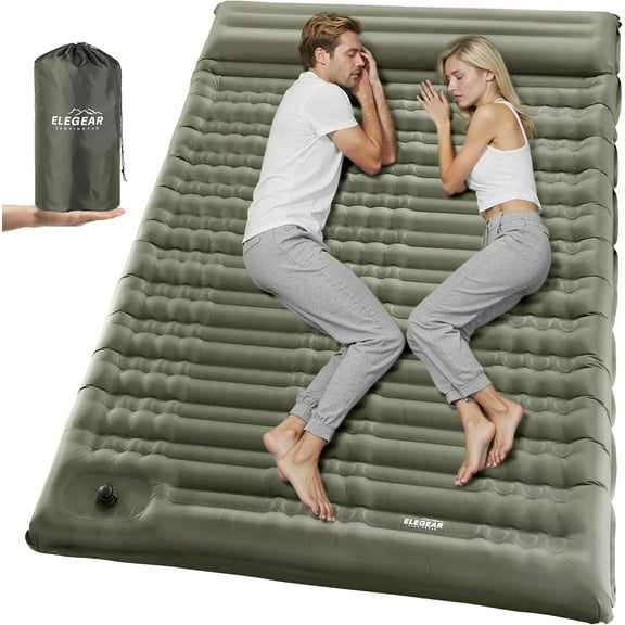 Double Sleeping Pad for Camping, 4.7" Ultra-Thick Self Inflating Camping Pad 2 Person with Pillow Built-in Foot Pump, Portable Camping Sleeping Mat for Backpacking Hiking Tent(Army Green Full)