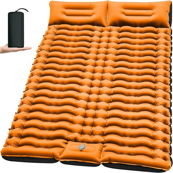 Double Sleeping Pad for Camping, 4" Extra Thick Self-Inflating Air Mattress - 2 Person Inflatable Camping Mat with Built-in Foot Pump & Pillow, Backpacking Hiking Tent Travel-Orange