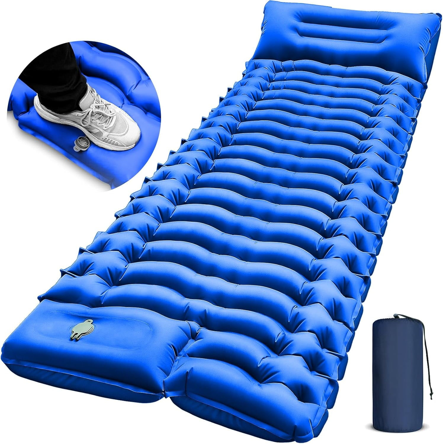 Double Sleeping Pad for Camping- Self Inflating 4" Extra-Thick with Pillow Built-in Foot Pump Inflatable Sleeping Mat for Backpacking, Hiking, Traveling, Tent, Portable Camping Mat