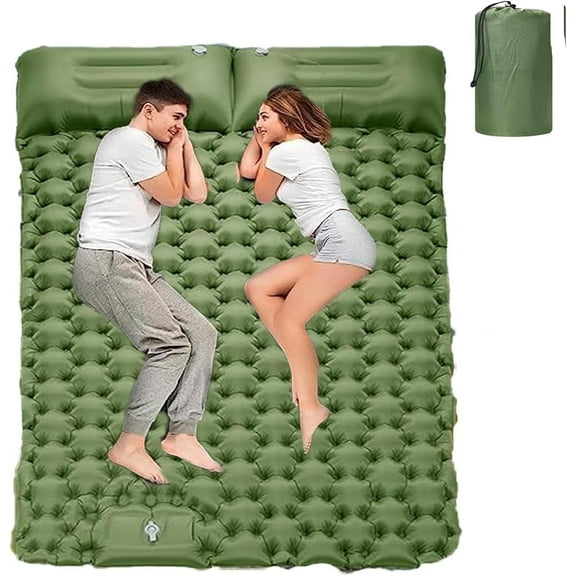 Double Sleeping Pad for Camping, Self Inflating Sleeping Mat 3.15” Extra-Thick, Built-in Foot Pump and Pillow Camping Pad 2 Person, Tent Air Mattress for Backpacking, Hiking, Car Traveling (Green)