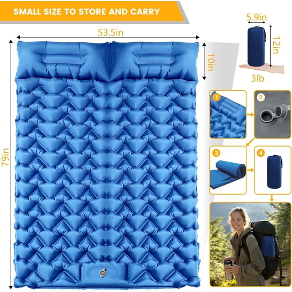 Double Sleeping Pad for Camping, Ultralight 4" Extra-Thick with Built-in Foot Pump & Pillow, Rapidly Inflates/Deflates for Backpacking, Hiking, Travel