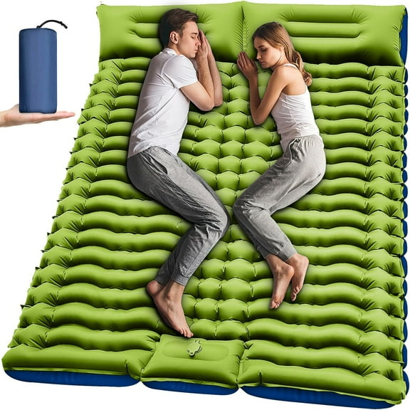Double Sleeping Pad - Self Inflating 4" Extra-Thick for 2 Person with Pillow Built-in Foot Pump Inflatable Sleeping Mat for Backpacking, Hiking, Traveling, Tent, Portable Camping Mat