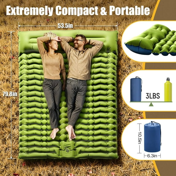 Double Sleeping Pad - Self Inflating 4" Extra-Thick for 2 Person with Pillow Built-in Foot Pump Inflatable Sleeping Mat for Backpacking, Hiking, Traveling, Tent, Portable Camping Mat