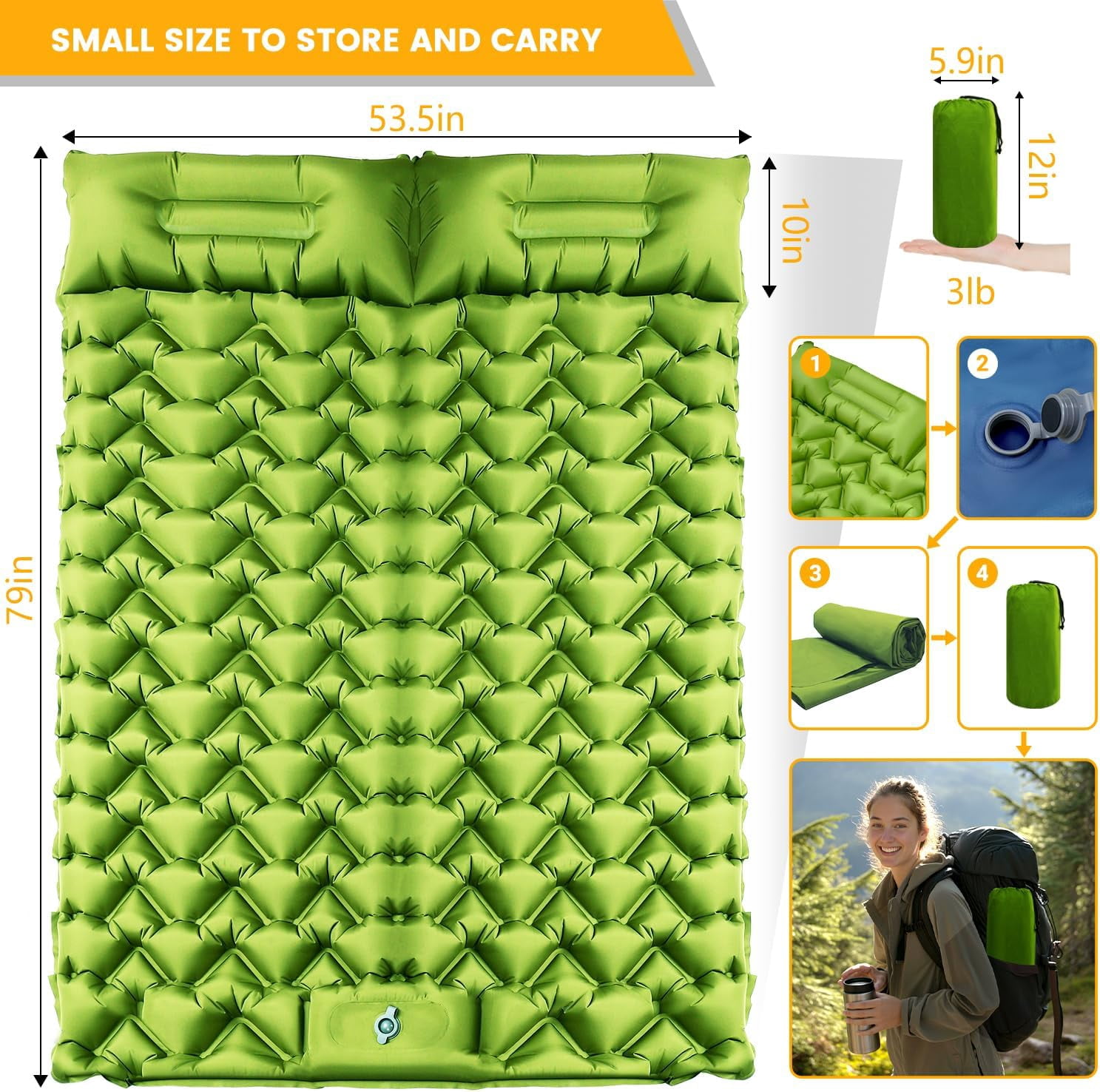 Double Sleeping Pad Ultralight 4in -Thick for 2 Person with Built-in Pillow Foot Pump Compact Inflatable Camping Mat Backpacking Hiking Travel Tent Gear Gifts