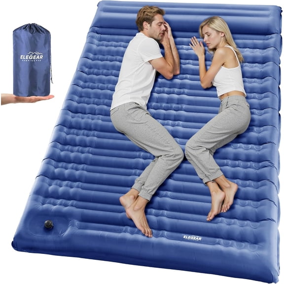 Double Sleeping Pad for Camping, 4.7-Inch Ultra-Thick Inflatable Full-Size Pad with Built-In Foot Pump, Waterproof Nylon, Blue
