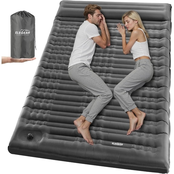 Double Sleeping Pad for Camping, 4.7-Inch Ultra-Thick Inflatable Mat for 2 People with Built-In Foot Pump and Pillow, Gray Full Size