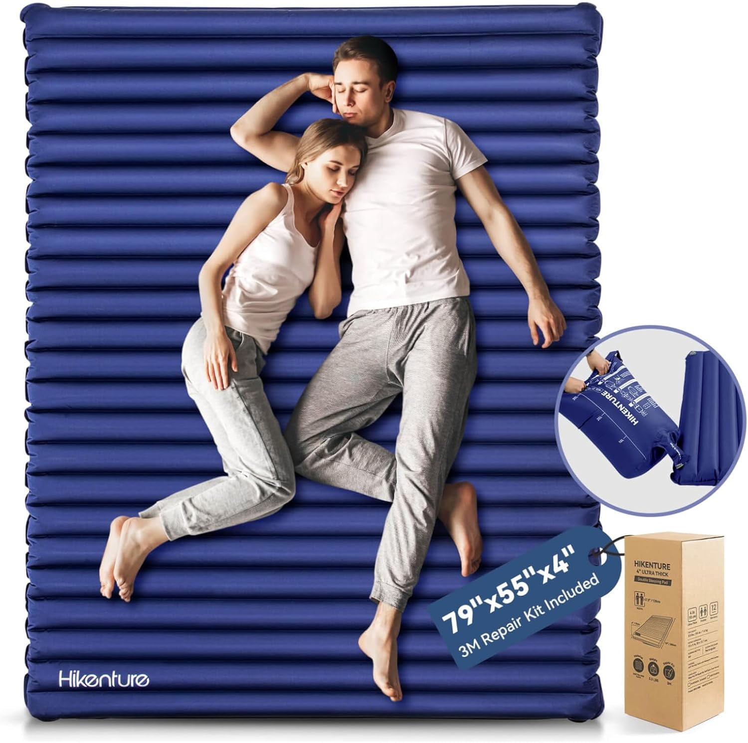 Double Sleeping Pad for Camping  Ultralight 4-Inch Extra-Thick Inflatable Mattress for Two, Navy Pumpsack, 79 x 55 Inches