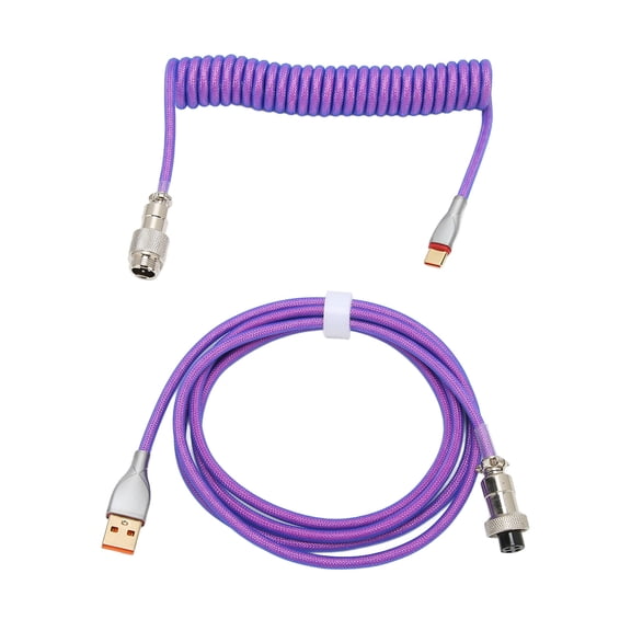 Double Sleeve Custom Coiled Mechanical Keyboard Cable with Detachable Metal Aviation Connector, USB C to USB A Coiled Keyboard Cable for Gaming Keyboards, Purple (16.0 inches / 40.6 cm)