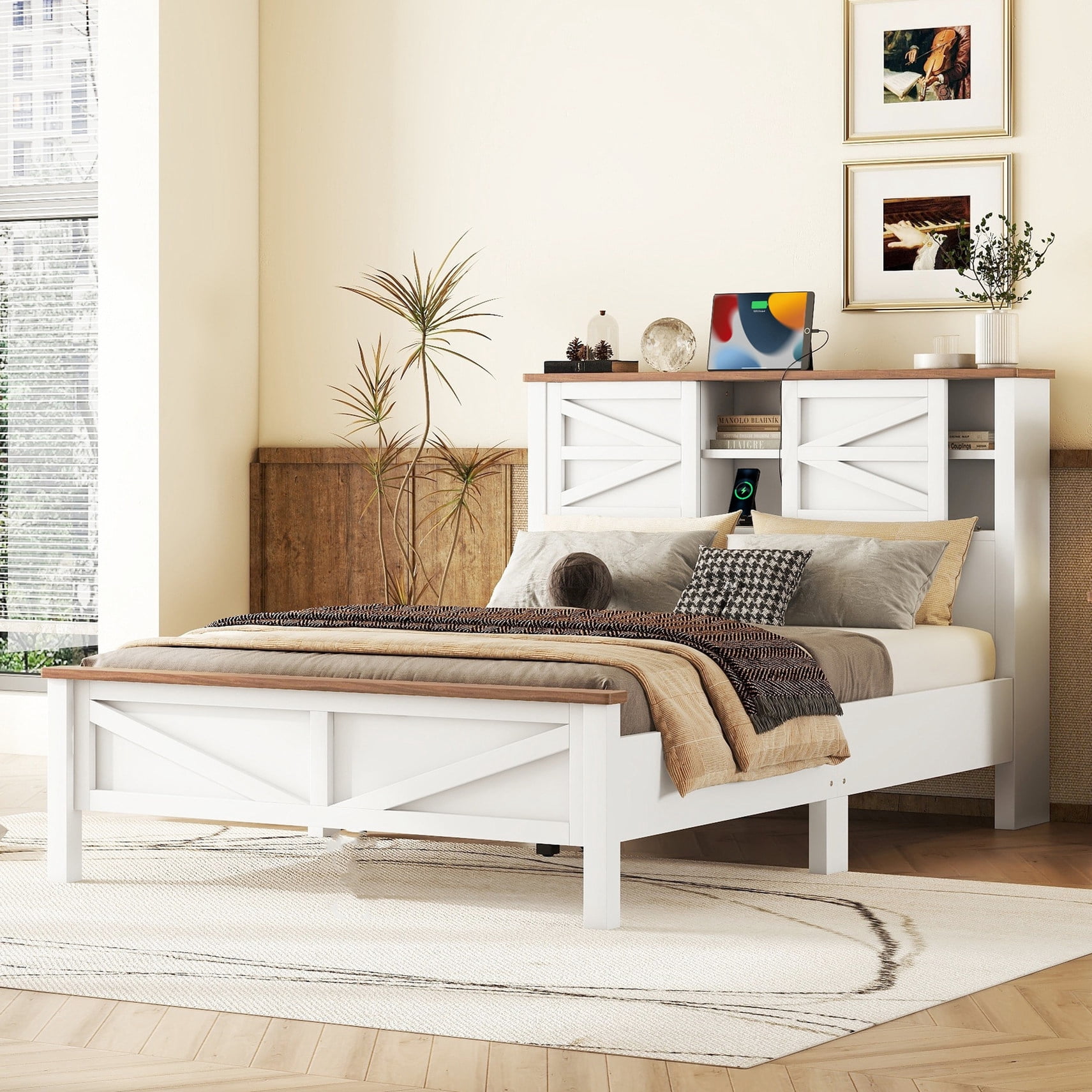 Double Sliding Barn Door Platform Bed With Charging Feature And Wood ...