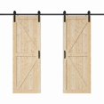 thumbnail image 1 of Double Sliding Barn Door, Solid Pine Wood, K design, Unfinished, with Hardware Kit & Handle & Floor Guide, 1 of 5