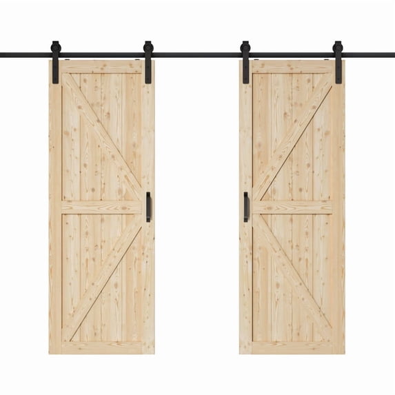 Double Sliding Barn Door, Solid Pine Wood, K design, Unfinished, with Hardware Kit & Handle & Floor Guide